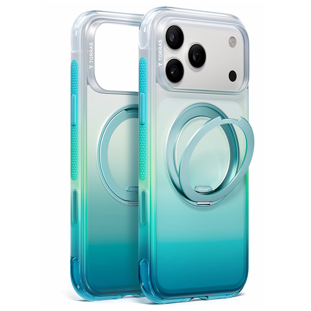 Coque MagSafe pour Apple iPhone 18 Pro Max / 17 Pro Max, Torras, Ostand O3 Air Gradient, Vert Bleu