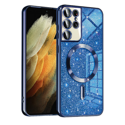 Coque MagSafe pour Samsung Galaxy S21 Ultra 5G G998, Techsuit, Luxury Glitter, Bleu Foncé