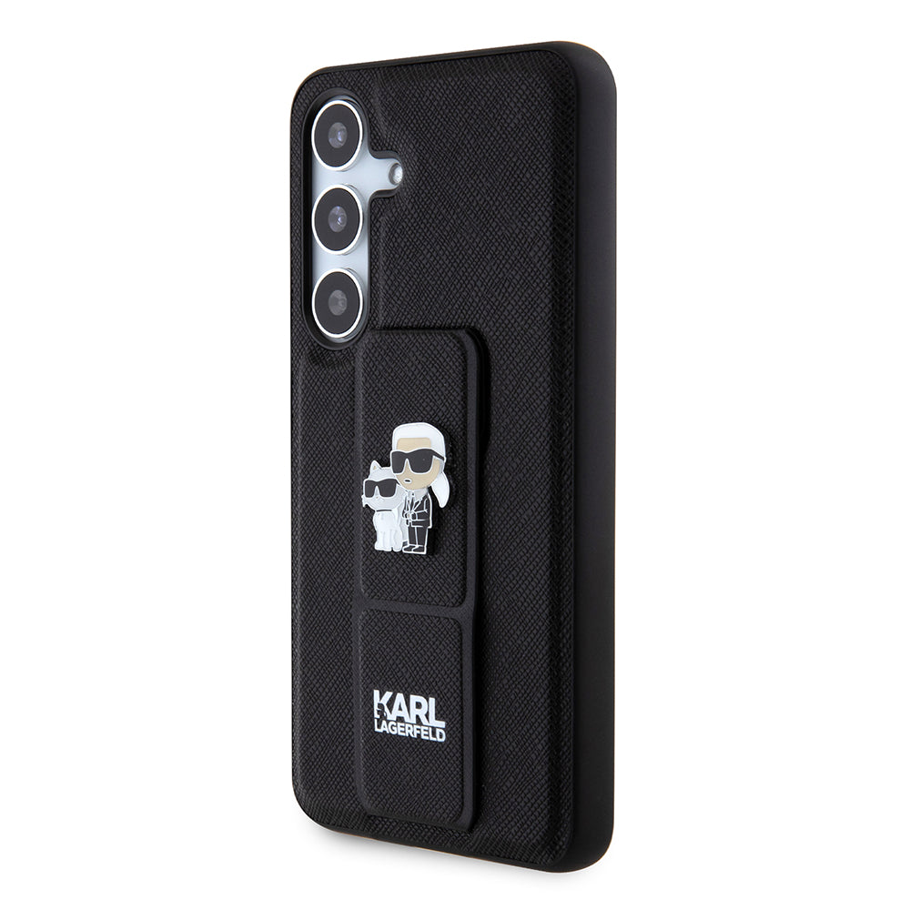 Étui MagSafe pour Samsung Galaxy S24 S921, Karl Lagerfeld, Saffiano Gripstand Karl & Choupette, Noir