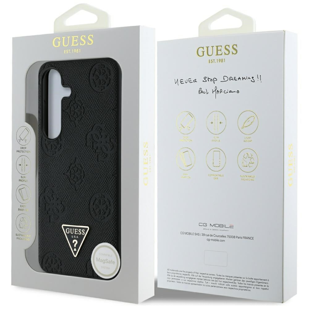 Custodia MagSafe per Samsung Galaxy S25 S931, Guess, Peony Grained Hot Stamp Triangle, Nera