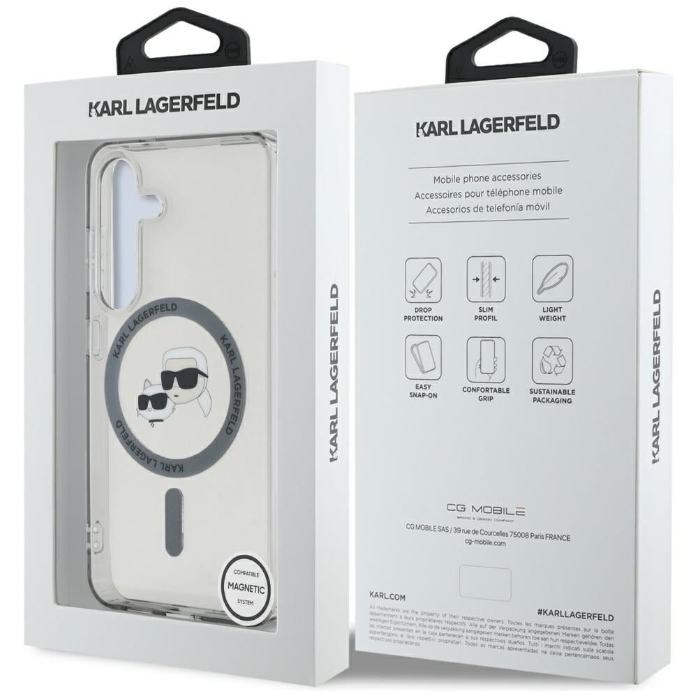 Custodia MagSafe per Samsung Galaxy S25 S931, Karl Lagerfeld, IML Metal Karl & Choupette's Heads, Nera
