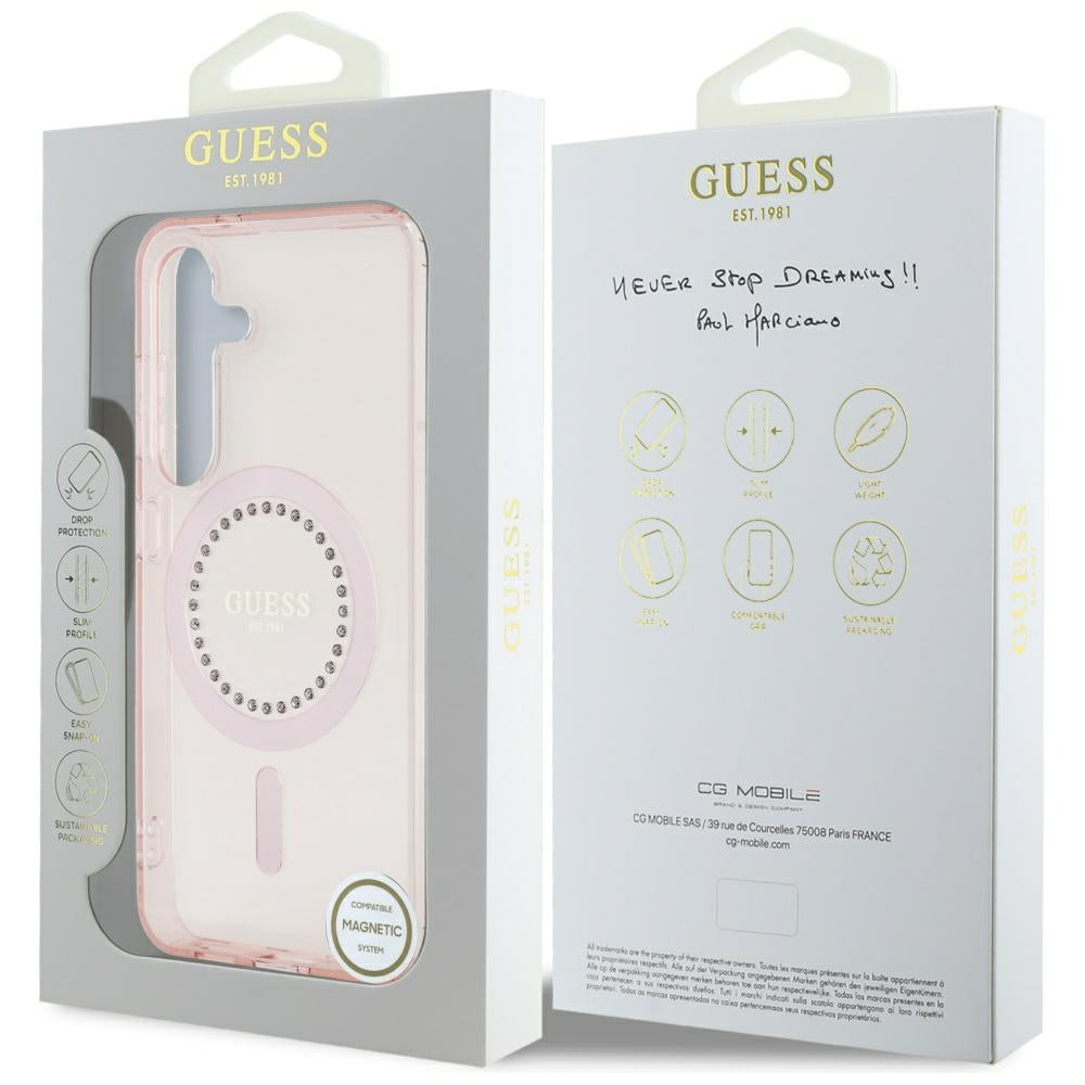 Étui MagSafe pour Samsung Galaxy S25 S931, Guess, IML Rhinestone, Rose