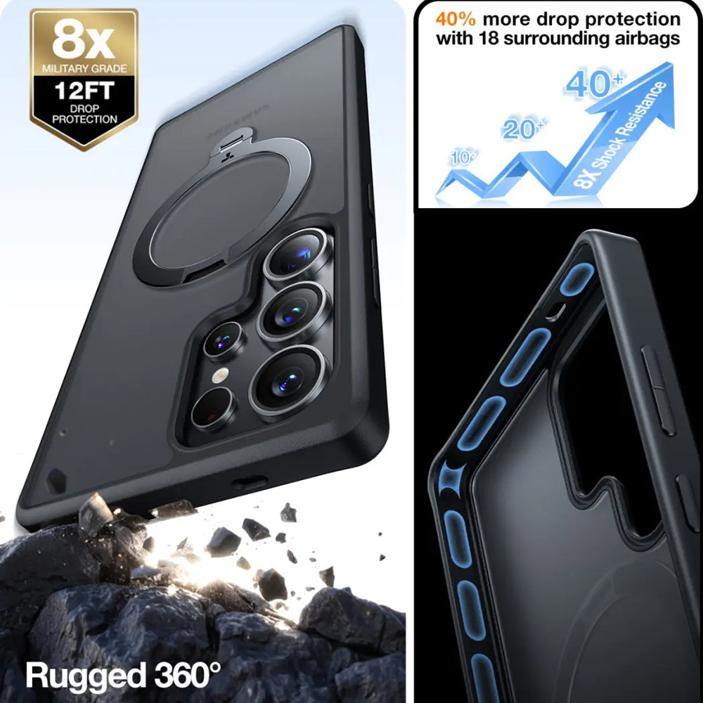Coque MagSafe pour Samsung Galaxy S25 Ultra S938, Torras, Ostand Spin, Noire