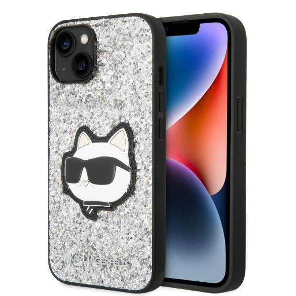 Hülle für Apple iPhone 14, Karl Lagerfeld, Glitter Choupette Patch, Silbern