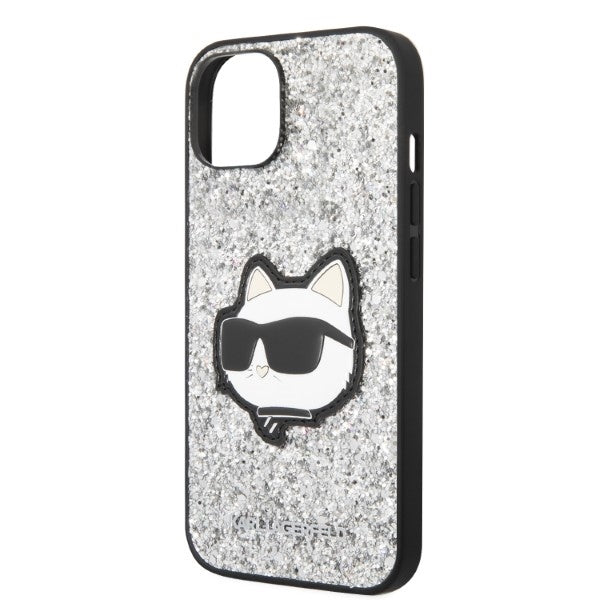 Hülle für Apple iPhone 14, Karl Lagerfeld, Glitter Choupette Patch, Silbern