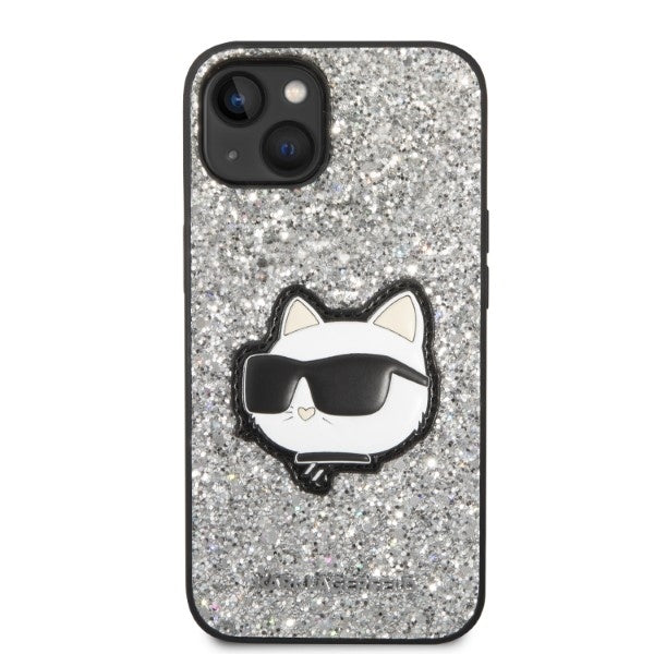 Hülle für Apple iPhone 14, Karl Lagerfeld, Glitter Choupette Patch, Silbern