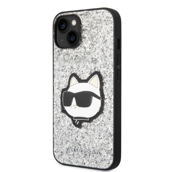 Hülle für Apple iPhone 14, Karl Lagerfeld, Glitter Choupette Patch, Silbern