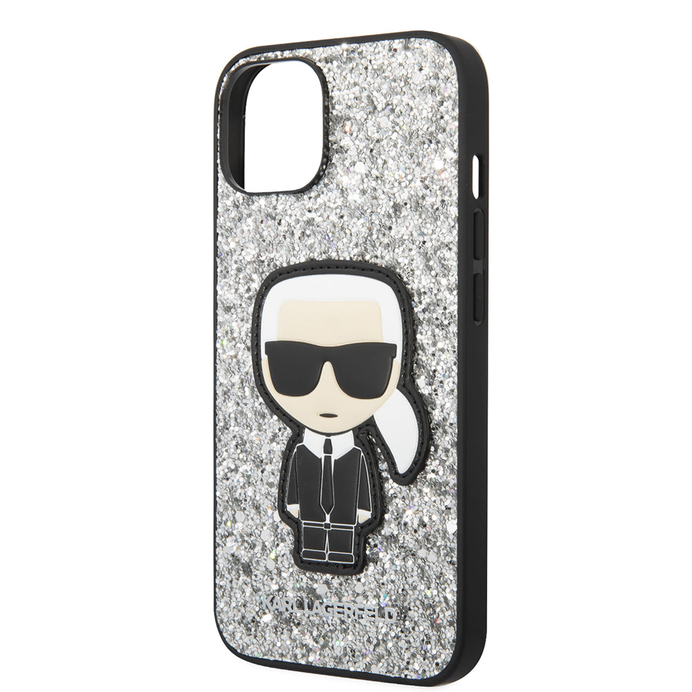 Housse pour Apple iPhone 14, Karl Lagerfeld, Glitter Flakes Ikonik Karl, Argentée.