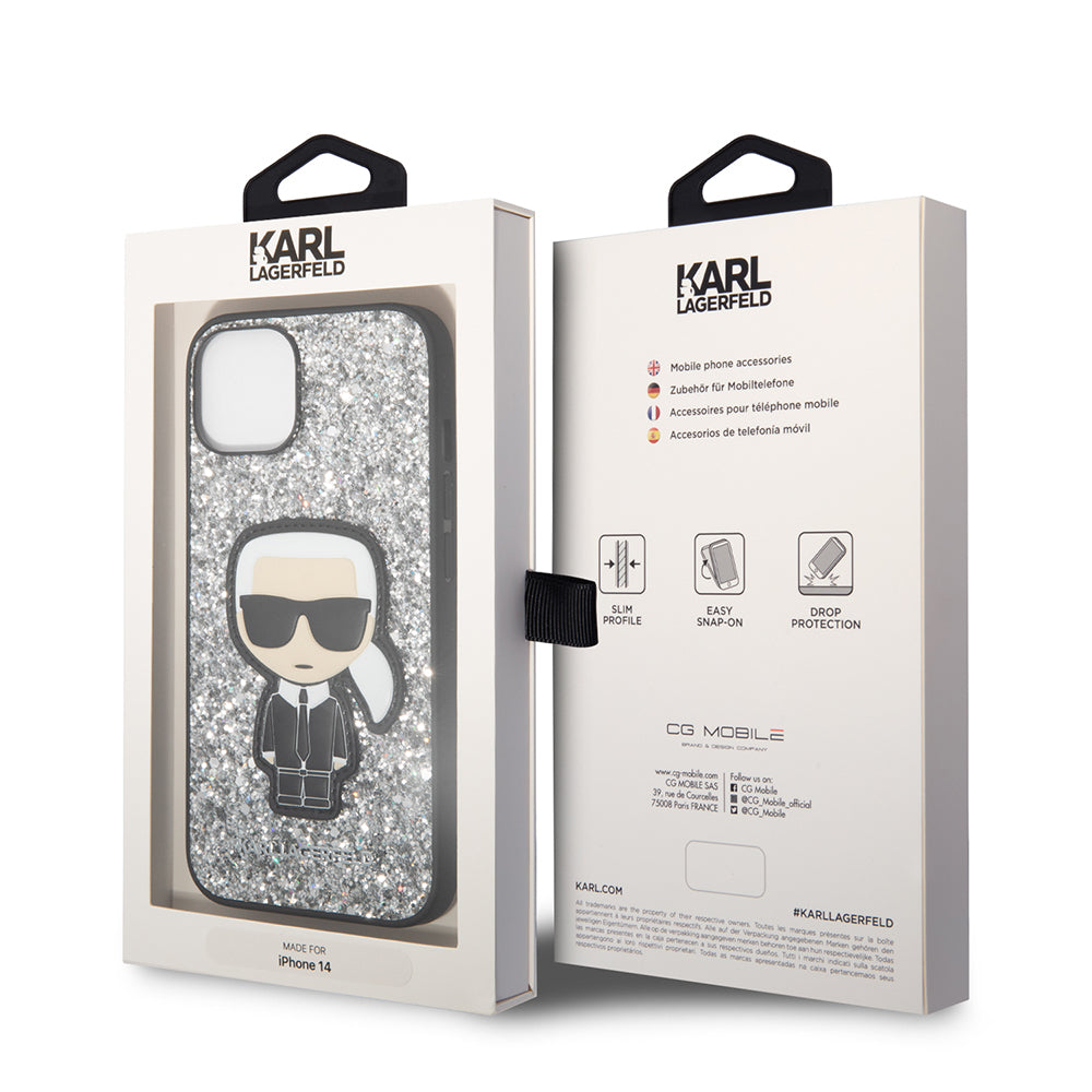 Housse pour Apple iPhone 14, Karl Lagerfeld, Glitter Flakes Ikonik Karl, Argentée.