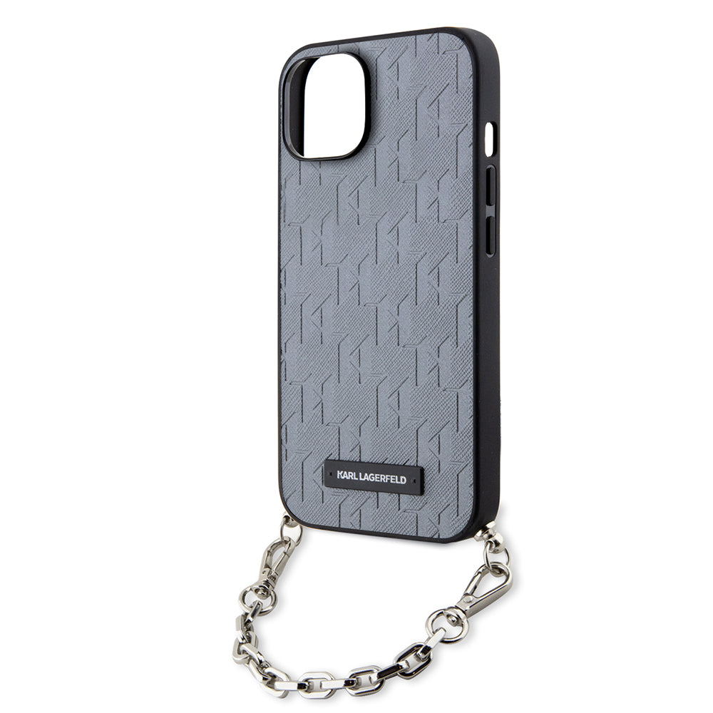 Étui pour Apple iPhone 14, Karl Lagerfeld, Saffiano Monogram Chain, Argenté
