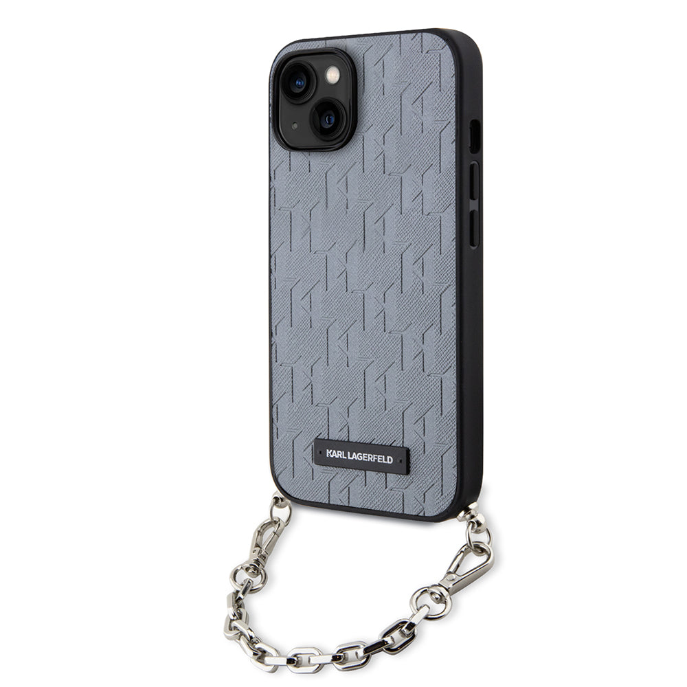 Étui pour Apple iPhone 14, Karl Lagerfeld, Saffiano Monogram Chain, Argenté