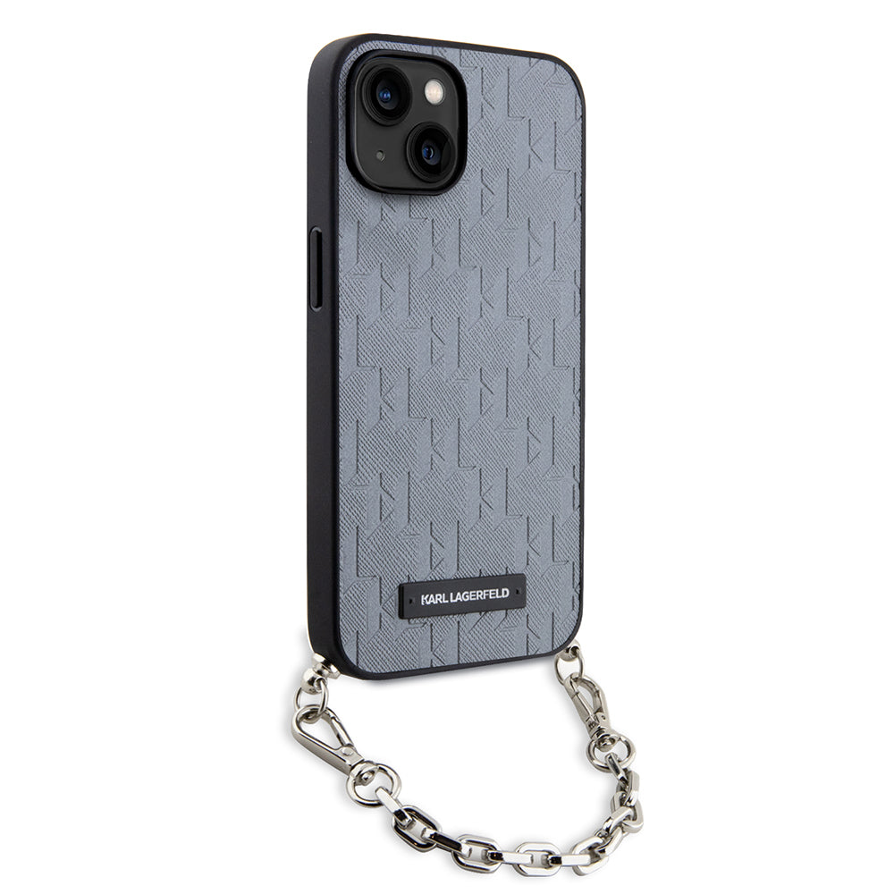 Étui pour Apple iPhone 14, Karl Lagerfeld, Saffiano Monogram Chain, Argenté