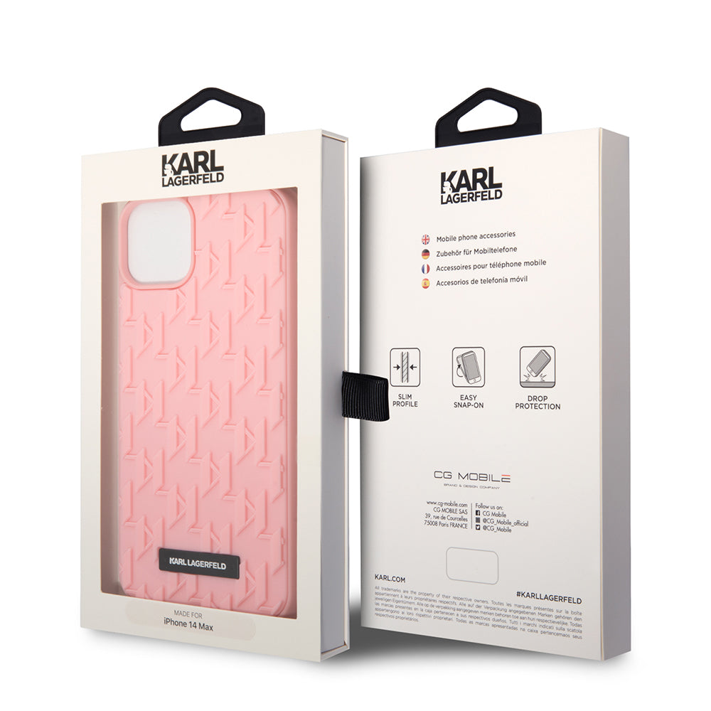 Custodia per Apple iPhone 14 Plus, Karl Lagerfeld, Monogramma 3D, Rosa
