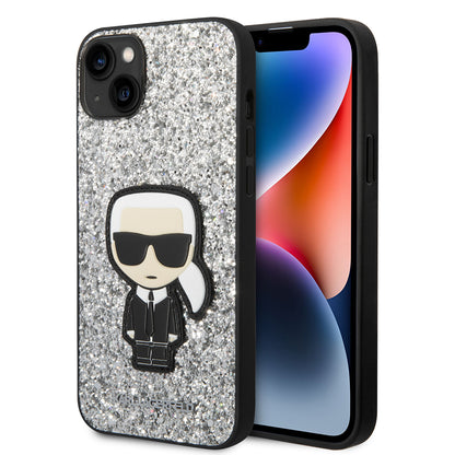 Custodia per Apple iPhone 14 Plus, Karl Lagerfeld, Glitter Flakes Ikonik Karl, Argento