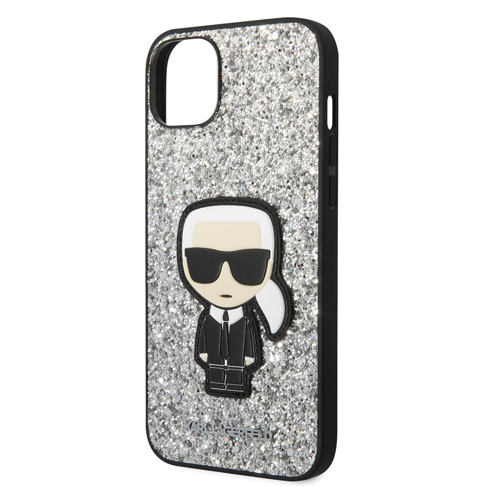 Custodia per Apple iPhone 14 Plus, Karl Lagerfeld, Glitter Flakes Ikonik Karl, Argento