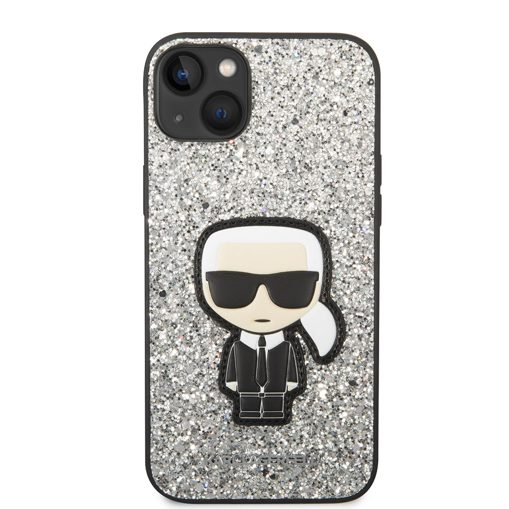 Custodia per Apple iPhone 14 Plus, Karl Lagerfeld, Glitter Flakes Ikonik Karl, Argento