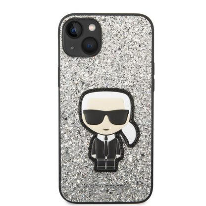 Custodia per Apple iPhone 14 Plus, Karl Lagerfeld, Glitter Flakes Ikonik Karl, Argento