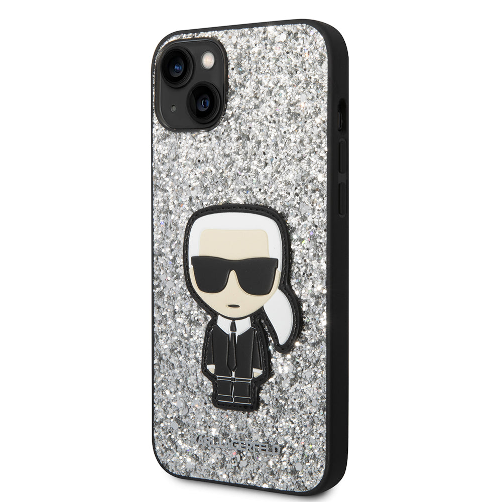 Custodia per Apple iPhone 14 Plus, Karl Lagerfeld, Glitter Flakes Ikonik Karl, Argento
