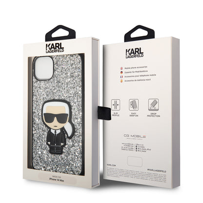 Custodia per Apple iPhone 14 Plus, Karl Lagerfeld, Glitter Flakes Ikonik Karl, Argento