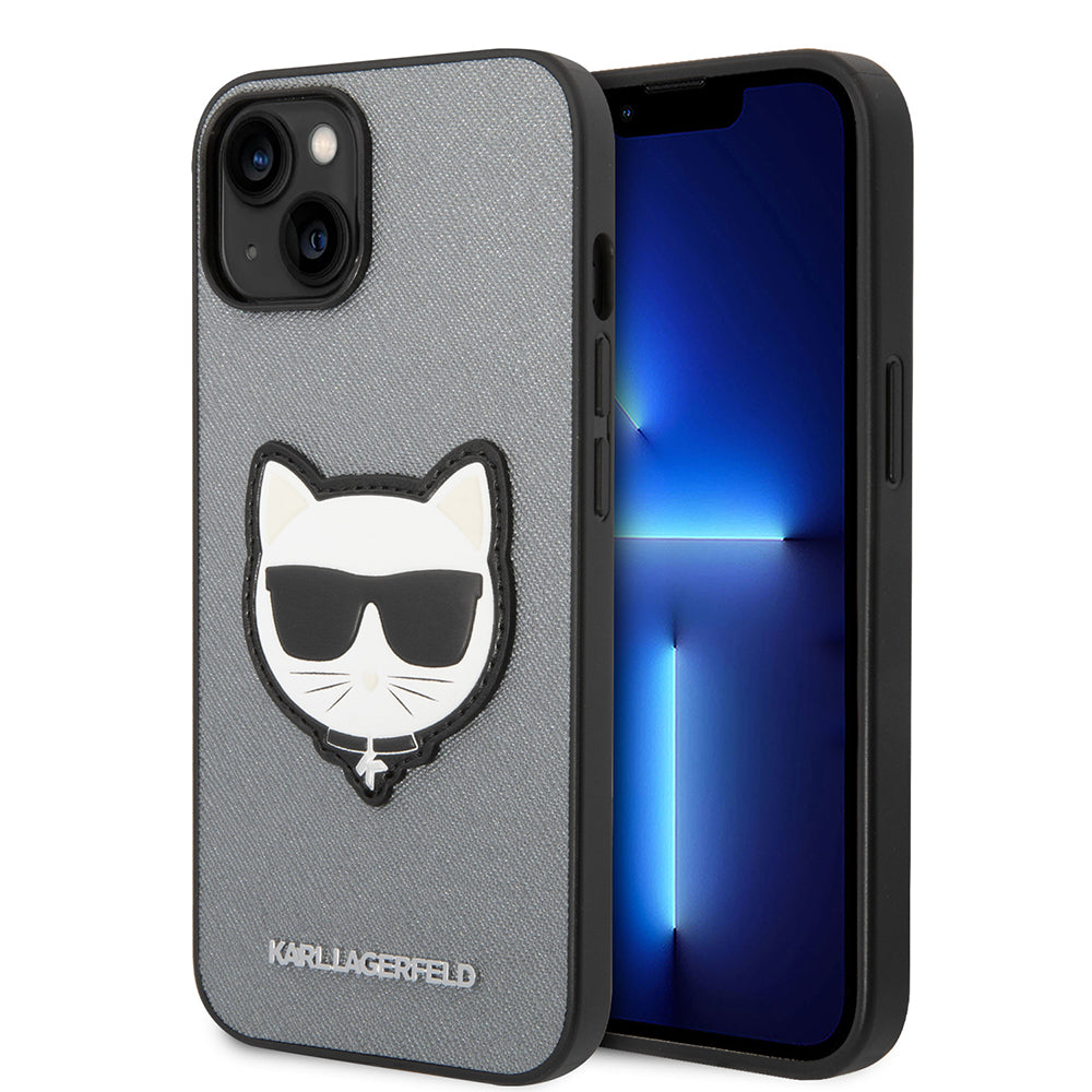 Custodia per Apple iPhone 14 Plus, Karl Lagerfeld, Saffiano Choupette's Head, Argento