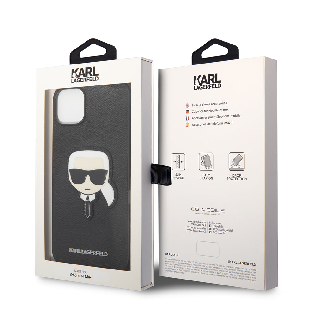 Custodia per Apple iPhone 14 Plus, Karl Lagerfeld, Saffiano Karl's Head, Nera