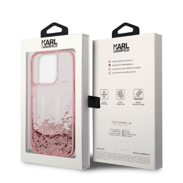 Custodia per Apple iPhone 14 Pro, Karl Lagerfeld, Glitter Liquid Big KL, Rosa