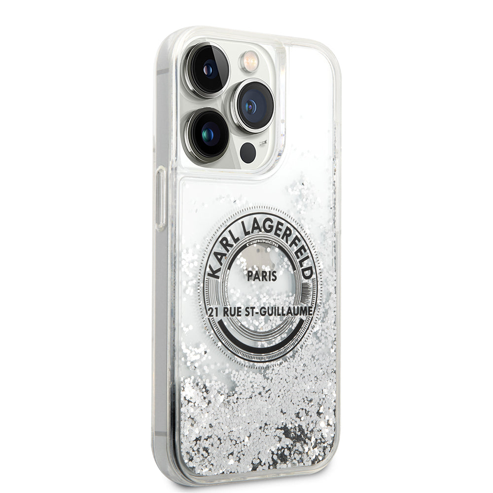 Custodia per Apple iPhone 14 Pro, Karl Lagerfeld, Liquid Glitter RSG, Argento