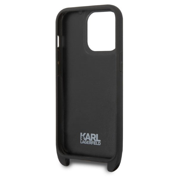 Custodia per Apple iPhone 14 Pro, Karl Lagerfeld, Monogram Plaque Logo con Cinturino, Nera