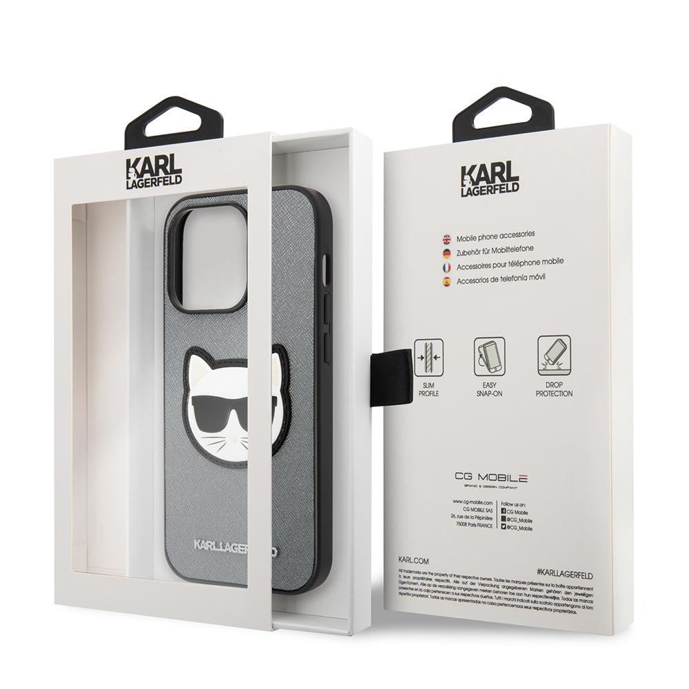 Custodia per Apple iPhone 14 Pro, Karl Lagerfeld, Saffiano Choupette's Head, Argento