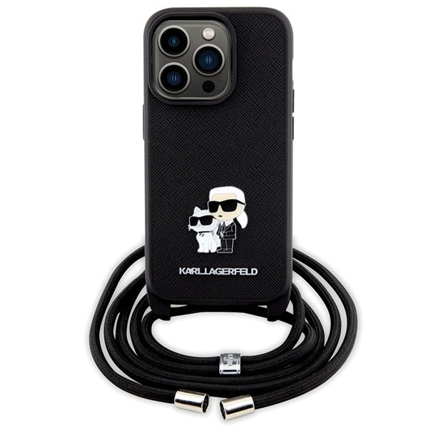 Hülle für Apple iPhone 14 Pro, Karl Lagerfeld, Saffiano Crossbody Metal Pin Karl & Choupette, Schwarz