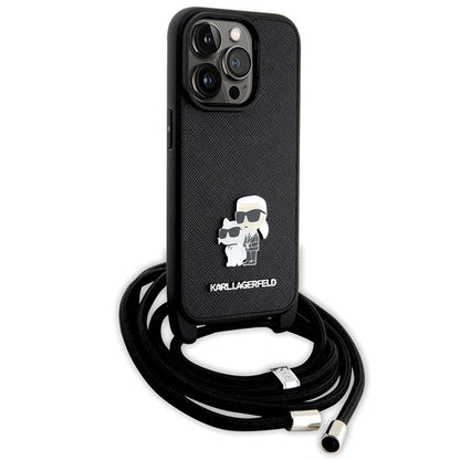 Hülle für Apple iPhone 14 Pro, Karl Lagerfeld, Saffiano Crossbody Metal Pin Karl & Choupette, Schwarz