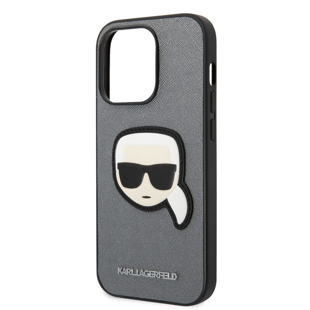 Custodia per Apple iPhone 14 Pro, Karl Lagerfeld, Saffiano Karl's Head, Argento