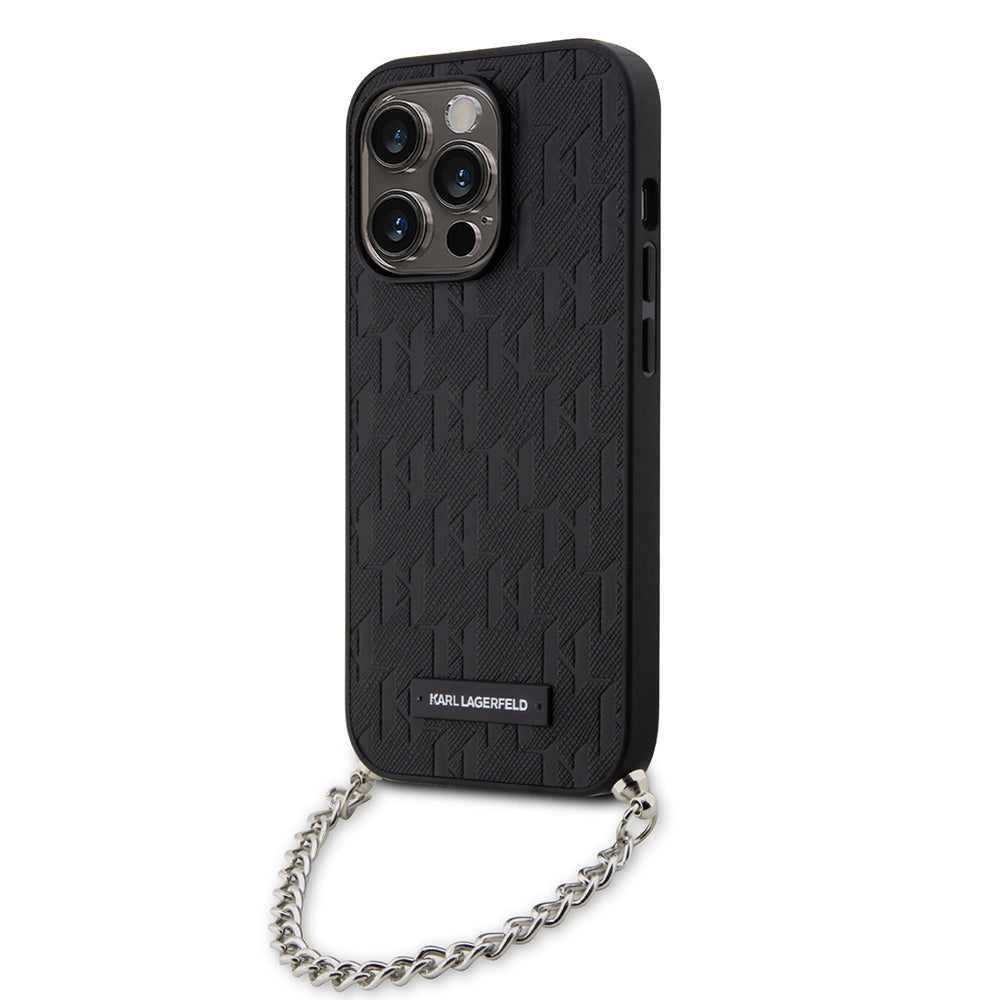 Custodia per Apple iPhone 14 Pro, Karl Lagerfeld, Saffiano Monogram Chain, Nera