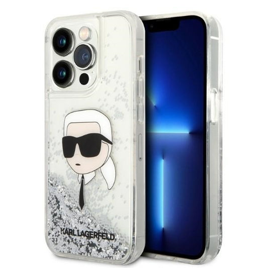 Custodia per Apple iPhone 14 Pro Max, Karl Lagerfeld, Glitter Karl's Head, Argento.