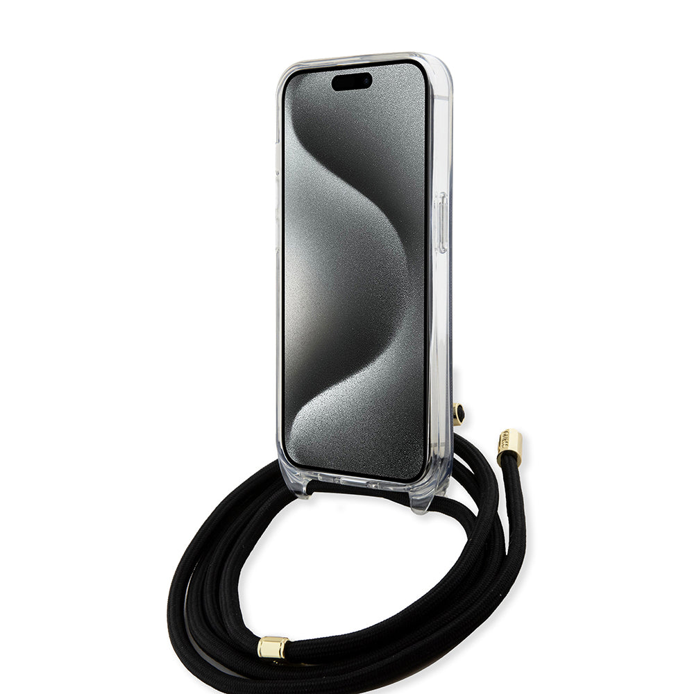 Custodia per Apple iPhone 15, Guess, 4G IML Printed Crossbody, Nera
