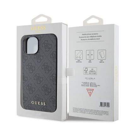 Étui pour Apple iPhone 15, Guess, Logo Métal Or 4G, Gris