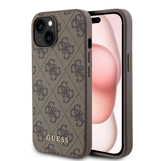 Étui pour Apple iPhone 15, Guess, Logo Métal Or 4G, Marron