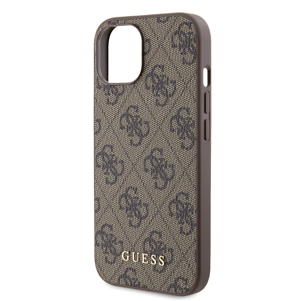 Étui pour Apple iPhone 15, Guess, Logo Métal Or 4G, Marron