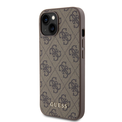 Étui pour Apple iPhone 15, Guess, Logo Métal Or 4G, Marron