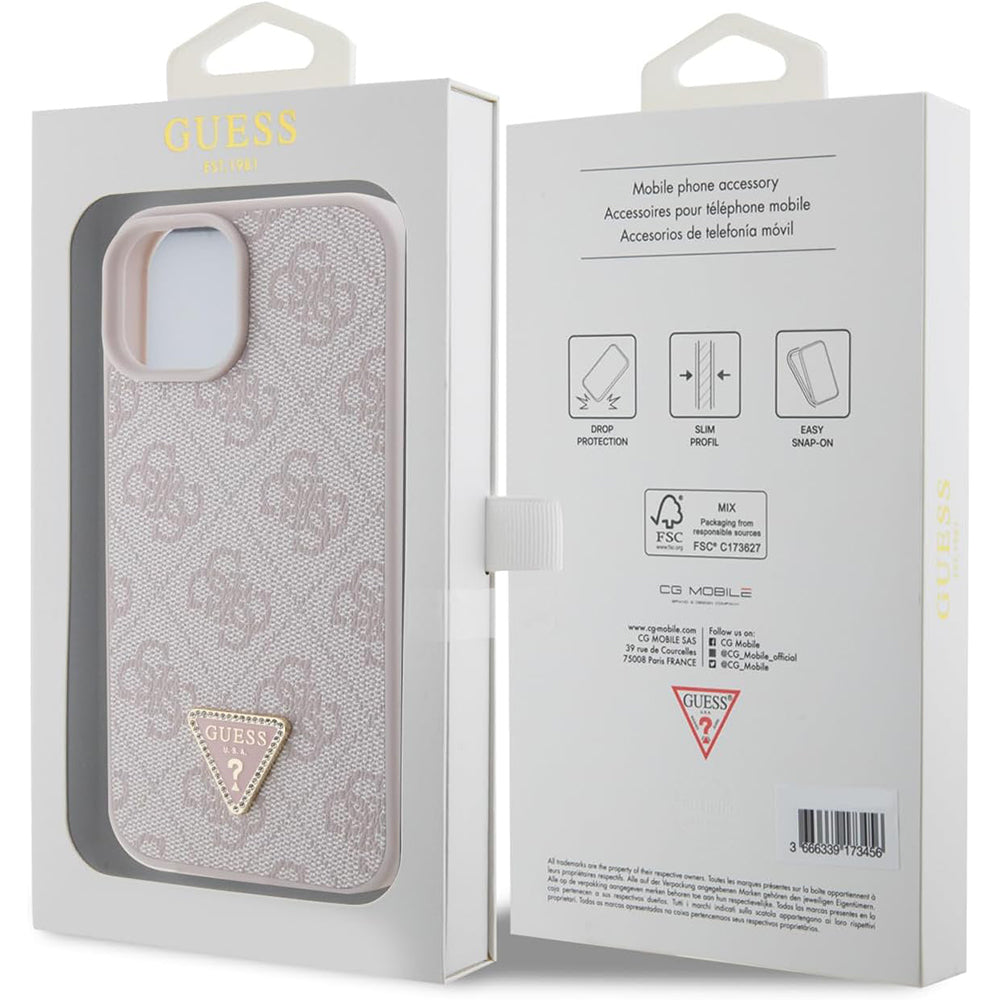 Étui pour Apple iPhone 15, Guess, 4G Triangle Strass, Rose