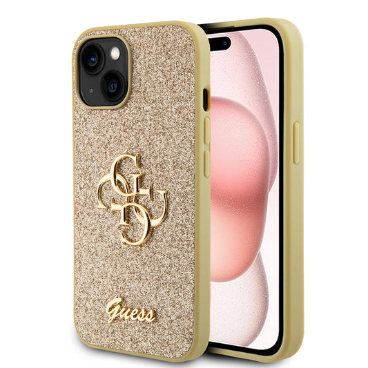 Étui pour Apple iPhone 15, Guess, Glitter Big 4G Script, Doré