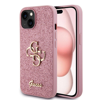 Étui pour Apple iPhone 15, Guess, Glitter Big 4G Script, Rose