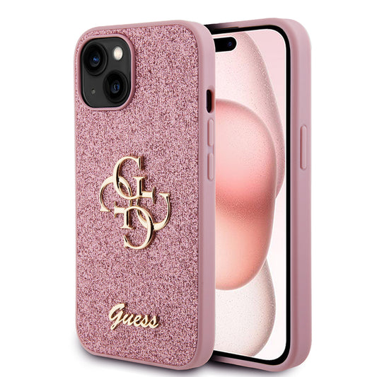 Étui pour Apple iPhone 15, Guess, Glitter Big 4G Script, Rose