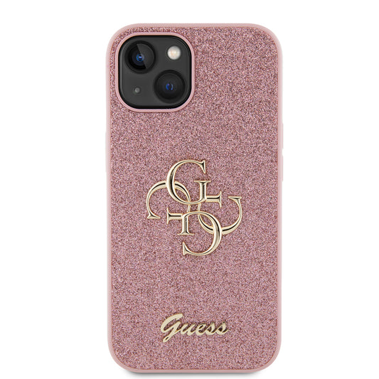 Étui pour Apple iPhone 15, Guess, Glitter Big 4G Script, Rose