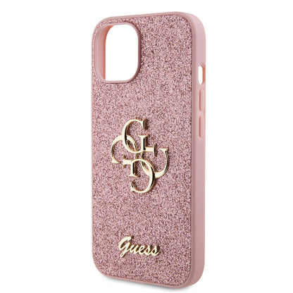 Étui pour Apple iPhone 15, Guess, Glitter Big 4G Script, Rose