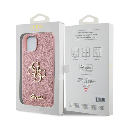 Étui pour Apple iPhone 15, Guess, Glitter Big 4G Script, Rose