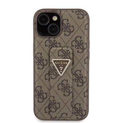 Custodia per Apple iPhone 15, Guess, Grip Stand 4G Triangle Strass, Marrone