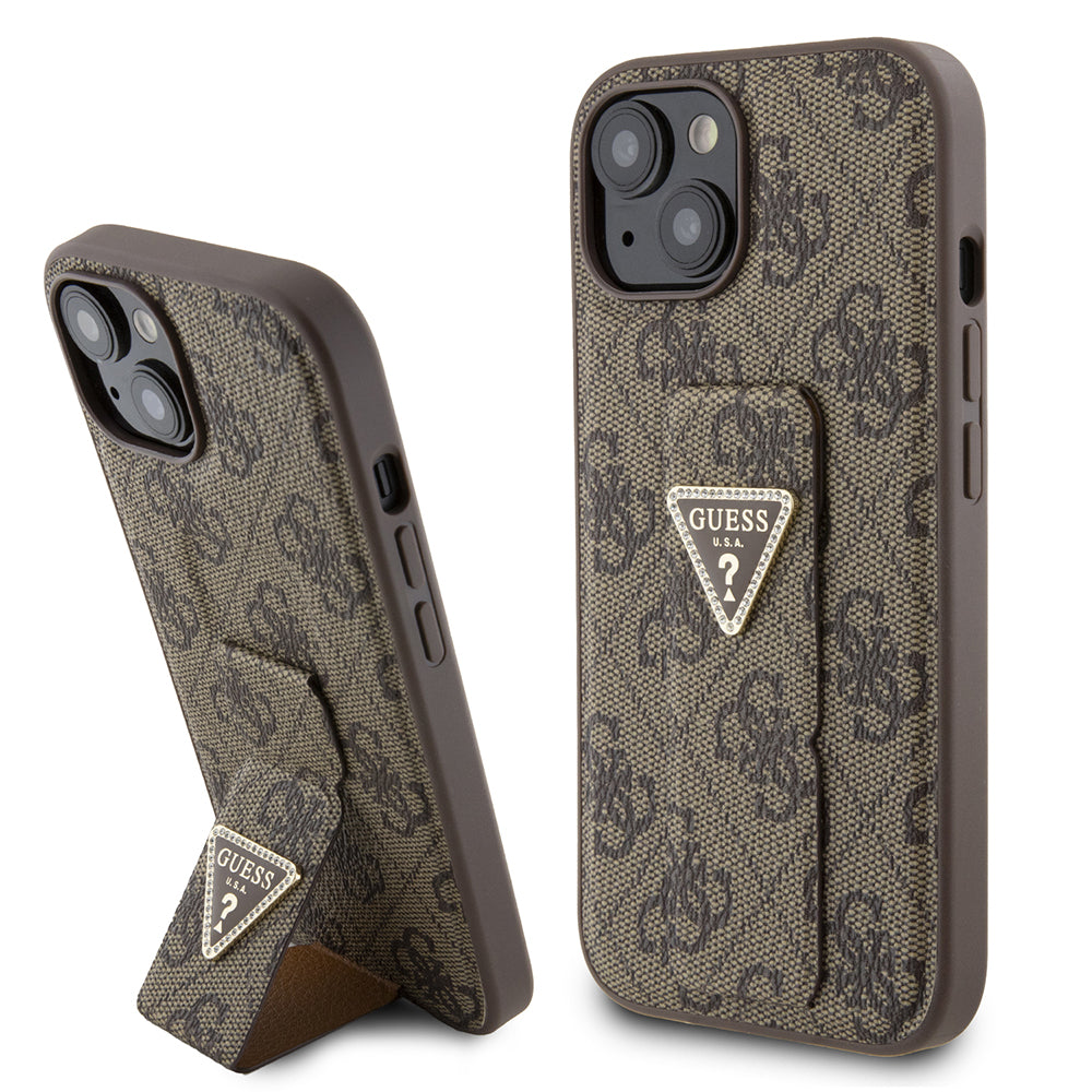 Custodia per Apple iPhone 15, Guess, Grip Stand 4G Triangle Strass, Marrone