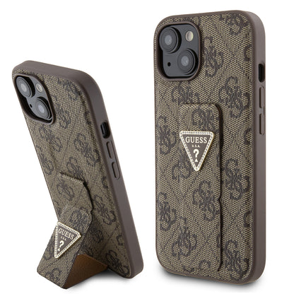 Custodia per Apple iPhone 15, Guess, Grip Stand 4G Triangle Strass, Marrone