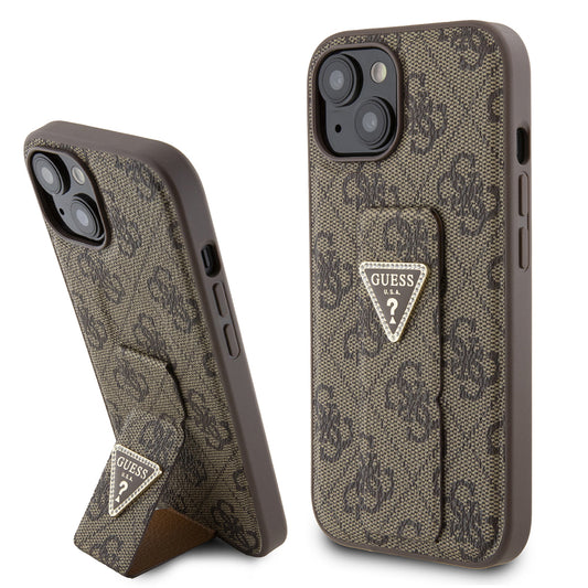 Étui pour Apple iPhone 15, Guess, Grip Stand 4G Triangle Strass, Marron